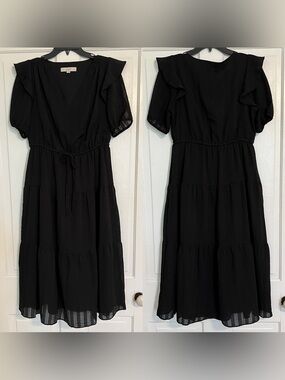 LOFT black midi dress tiered tie waist ruffle sleeve